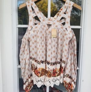 Boho cut-out/off-the-shoulder printed blouse